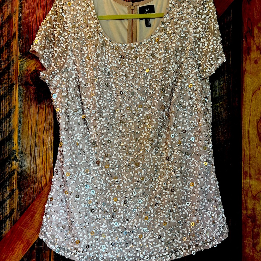 Adrianna Papell Pale Pink Sequin Short Sleeve Top